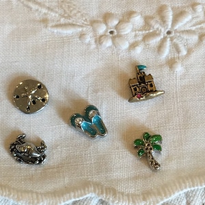 5 Beach Themed Charms for Necklace, Bracelet Locket. Crab, Sand Dollar, Flip Flops, Sand Castle and Palm Tree Charms. Beach Themed.