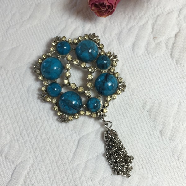 Vintage Aqua Rhinestone and Tassel Pendant. Silver Metal Pendant Signed Celebrity N.Y. Was a Pin/Pendant but Now Just a Pendant.