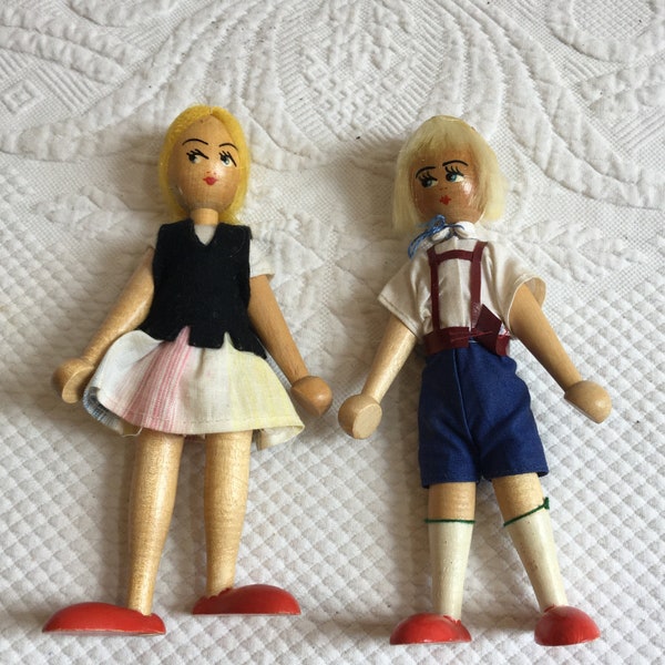 Vintage 1950s German Wooden Peg Jointed and Strung Folk Dolls Wearing Lederhosen. Polish or German Traditional Dressed Boy and Girl Dolls.