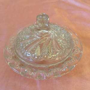 Vintage Clear Glass Heisey Puritan Dish With Lid. Puritan Pattern in Miniature Dish With Lid. Swirly Designs Outlined With Hobnail Designs.