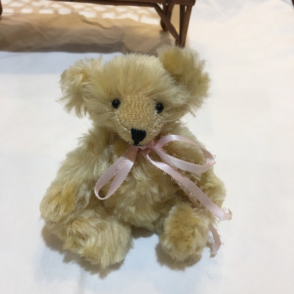 Vintage 5 1/2" Mohair Bear. Handmade Charming Little Bear with Bead Eyes, Embroidered Features and Shaved Muzzle. Moveable Arms and Legs.