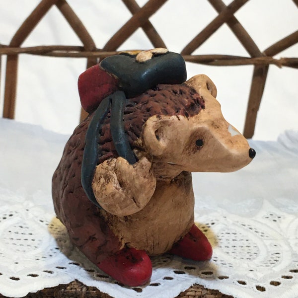 Vintage 1995 Clay Hedgehog and Rucksack. WF003 Handmade & Hand Painted. Collectible Miniature Figurine.