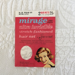 Vintage 1940s Mirage Hair Net. Magic Knit of Sheer Nylon Yarn. Ultra Invisible Stretch Fashioned Hair Net. by Jac-o-Net. Great Display.