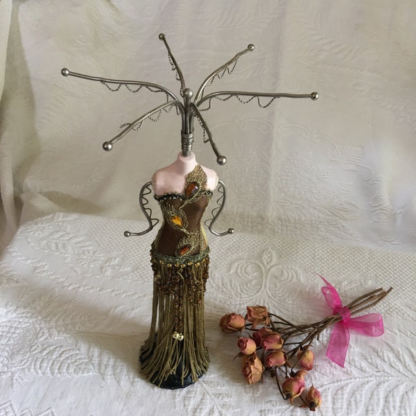 Vintage Fancy Lady Jewelry Stand. Silver Metal Wire Hangers Over Mannequin with Long Fringed Skirt. Arm Hangers.