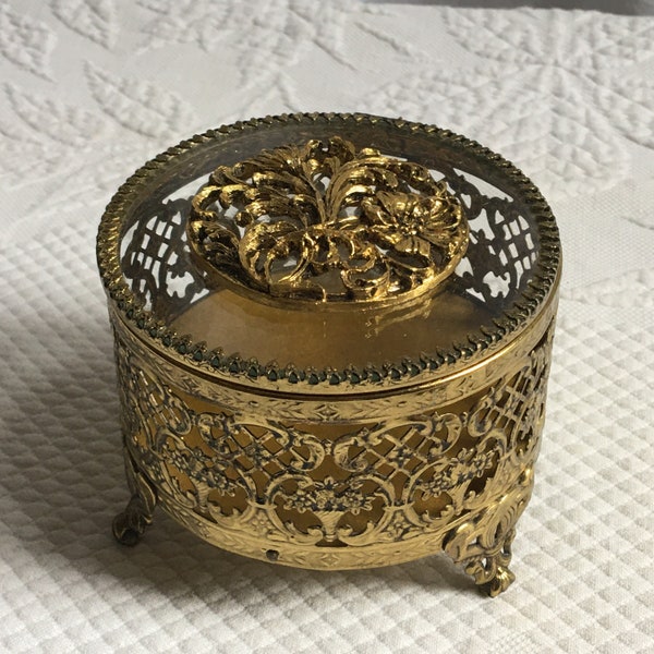 Vintage Dresser Box. Glass and Metal Openwork Gold Tone Box with Gold Velveteen Lining. Floral Design on Top of Glass. Dresser Jewelry Box.