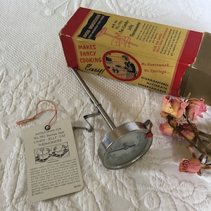 Vintage Tel-Tru Dial Fat-Candy-Jelly Thermometer in Original Box. Avoid Indigestion from Improperly Fried Foods. Stainless Steel.