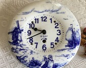 Vintage Delft Blue Enamel Wall Clock. Wind Up 8 Day Clock. Missing Key But Substitute Can be Used. Made in Holland. Windmill Boats Children.