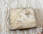 Vintage Mother of Pearl Compact. Gold Powder Compact With Flower With Pearl Center On Front. Mirror, Powder Puff and Screen Inside.