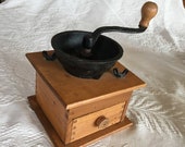 Antique Coffee Bean Grinder With Drawer. Dovetailed Wood Cabinet and Decorative Cast Iron Bowl and Decorative Handle. Wood Handle.