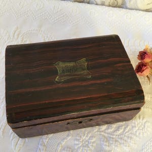 Antique Child&#39;s Sewing Box. Faux Wood Grain Painted Little Wooden Sewing Box and Contents. 1800s-Early 1900s Fabric Scraps. Some Stitched.