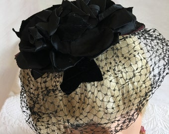 Vintage 1950s Black Rose Veiled Hat. Satin Rose, Velvet Leaves and Face Veil on This Vintage Hat.