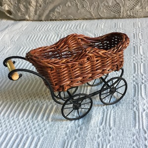 Vintage Mini Wicker Baby Carriage for Doll House. Cast Iron Wheels and Carriage Frame with Wooden Handle. Miniature Baby Carriage.