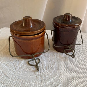 Vintage Pottery Crock with Metal Wire Latch. Listing for One Crock. Choose Picture Numbers for Size & Color. Ceramic Butter or Cheese Crock.