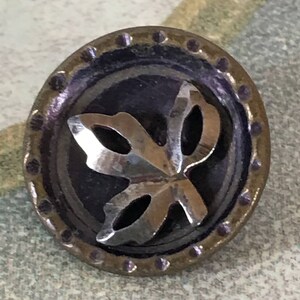 Antique 2 Buttons. Aged Gold Buttons With Silver Dimensional Three Leaf Stem. Shiny Openwork Leaves.