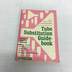 Puede incluir: Un libro antiguo de 1967 "Tube Substitution Guide-book" de H.A. Middleton. El libro tiene una portada rosa con texto e ilustraciones en blanco y verde de tubos de vacío. El título del libro es "Tube Substitution Guide-book".