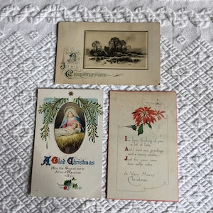 3 Viktorianische Weihnachtspostkarten 1912 und 1915. Maria & Jesus. Drei One Cent Stempel mit George Washington. Tolle Weihnachtsdekoration.