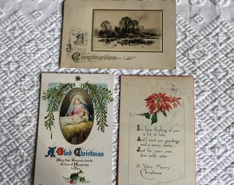 3 Victorian 1912 and 1915 Antique Christmas Postcards. Mary & Jesus. Three One Cent Stamps w/ George Washington. Great Christmas Decoration.
