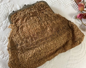 Vintage Natural Raffia Stitched Fabric Purse. Top Push Button Latch and Side Knob to Open. No Handle. Striped Silk Lining. Leather Thimble.