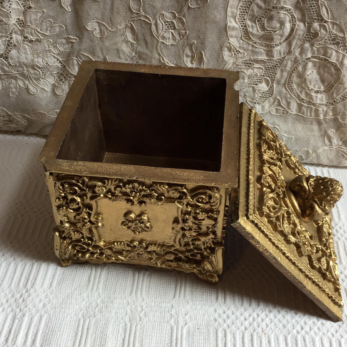 Vintage Gold Molded Composite Box With Legs on Bottom. Fancy Molded ...