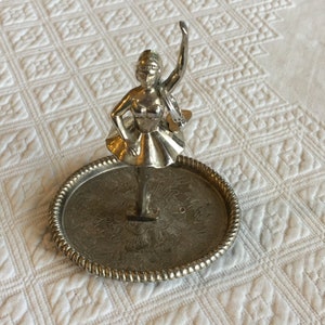 Vintage Ballerina Ring Dish. Charming Dancer with Arm Raised to Hold Ring. Platter to Hold More Rings.