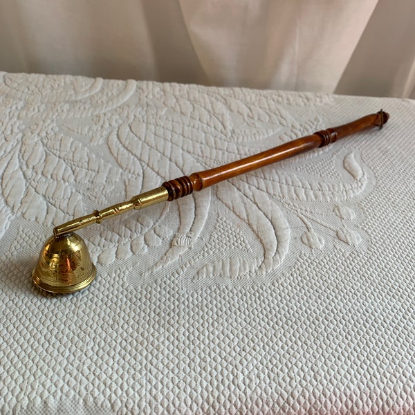 Vintage Candle Snuffer of Brass and Turned Wood with Triangular Hanging Ring.