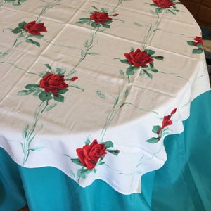 Vintage Tablecloth White with Red Roses and Blue/Green Leaves. Charming Colorful Tablecloth.