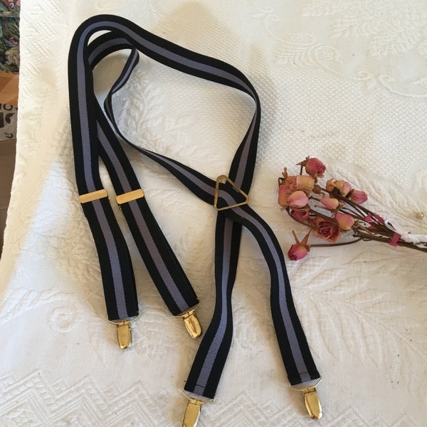 Vintage Black and Blue Suspenders. 1 1/8" Wide Black and Blue Stripes Elastic Suspenders with Brass Clamps and Triangular Holder.