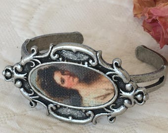 Silver Portrait Cuff Bracelet.  Victorian Style Framed Lady Portrait Bracelet. Faux Oil Painting on Linen.