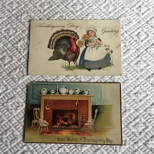Two Victorian Antique Thanksgiving Cards, One Not Sent, One Stamped and Sent 1919 in Riggston, ILL. Charming Thanksgiving Decoration.