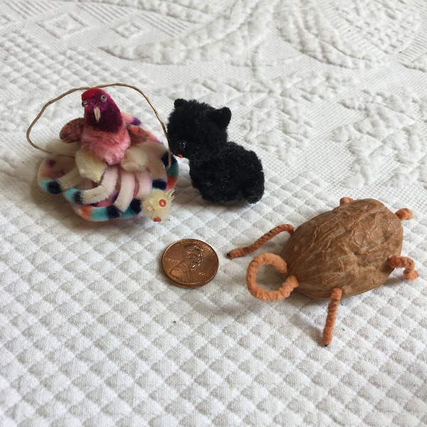 Vintage Pipe Cleaner Toys. Hen with Chick on a Colorful Nest, Black Puppy Dog and a Walnut Shell Turtle. Charming.