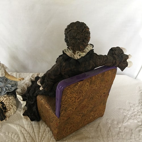 Vintage Clothique Figurines by Posible Dreams Ltd. Stiffened Cloth and Composite Figurines of Mother, Daughter and Dog. Charming shops Scene.