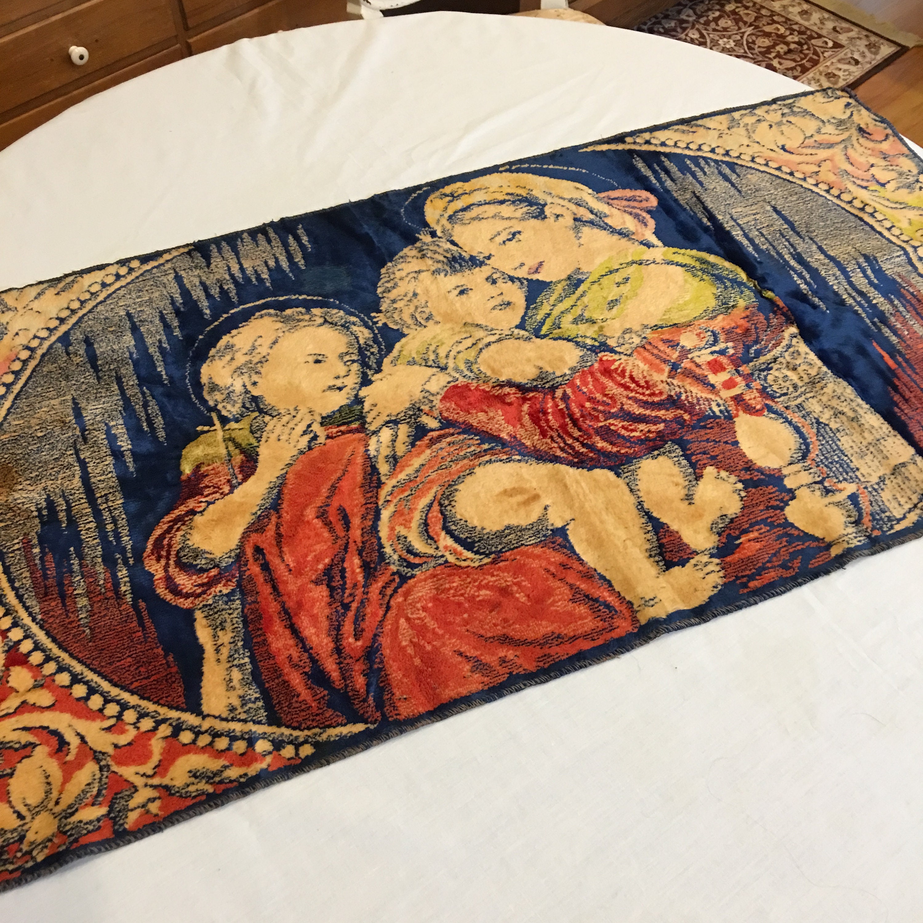 Vintage Cut Tapestry of Mother and Two Children. Image in Oval Etsy
