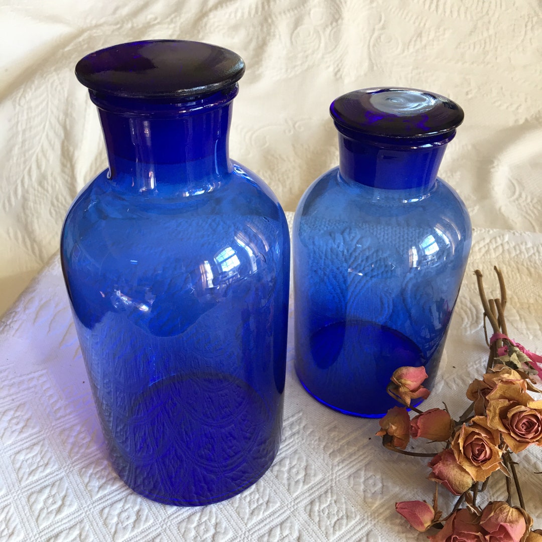 Vintage Cobalt Blue Glass Apothecary Jars With Glass Stopper Lids