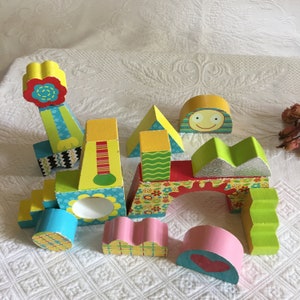 Vintage Alex Colorful 15 Wooden Blocks. Little Girls Would Love These Blocks for Play. Used Painted Wooden Blocks.