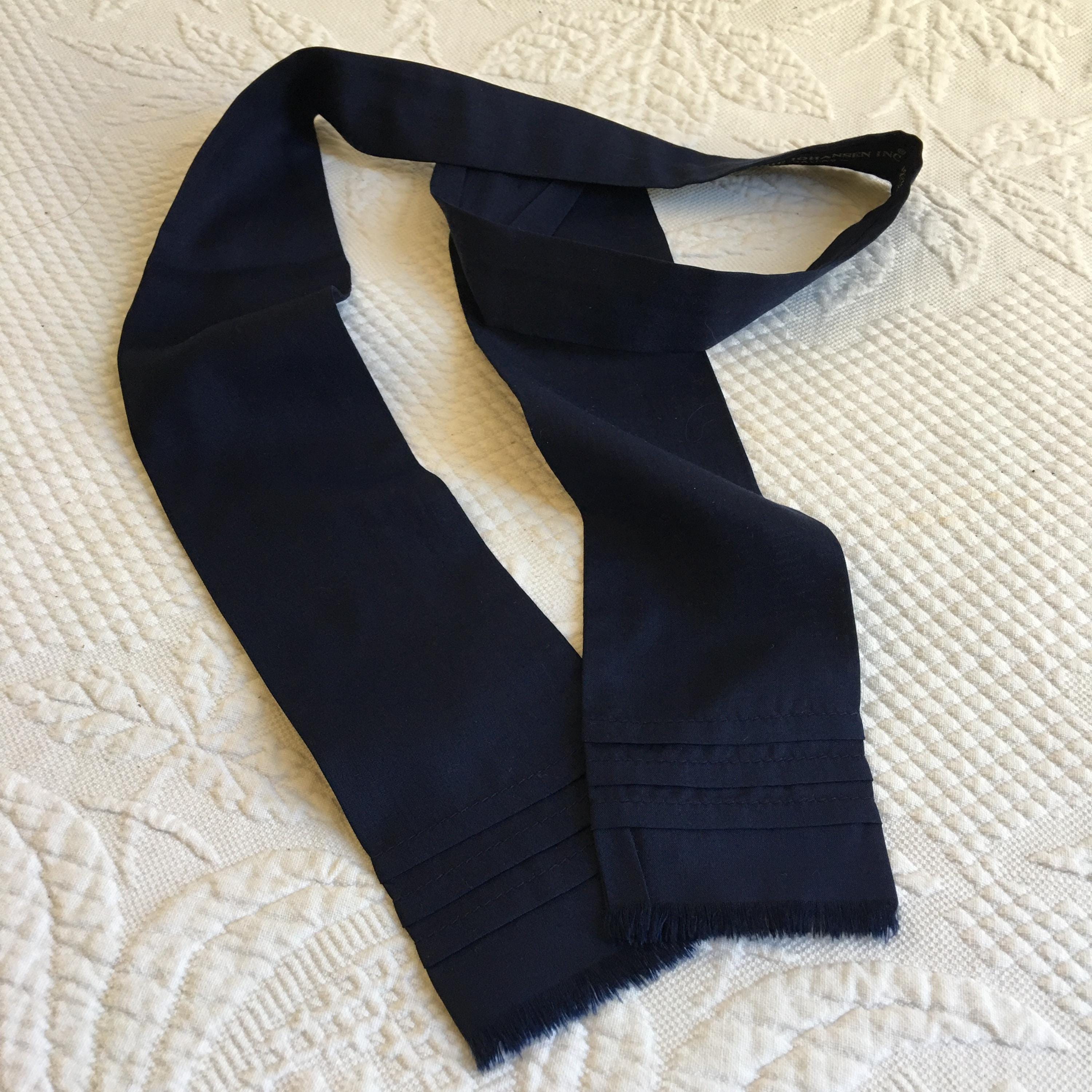Vintage Ginnie Johansen Inc. Dallas Navy Blue Silk with Fringed Ends and Sewn Tucks Near Ends. Woman's Tie Sash Scarf.