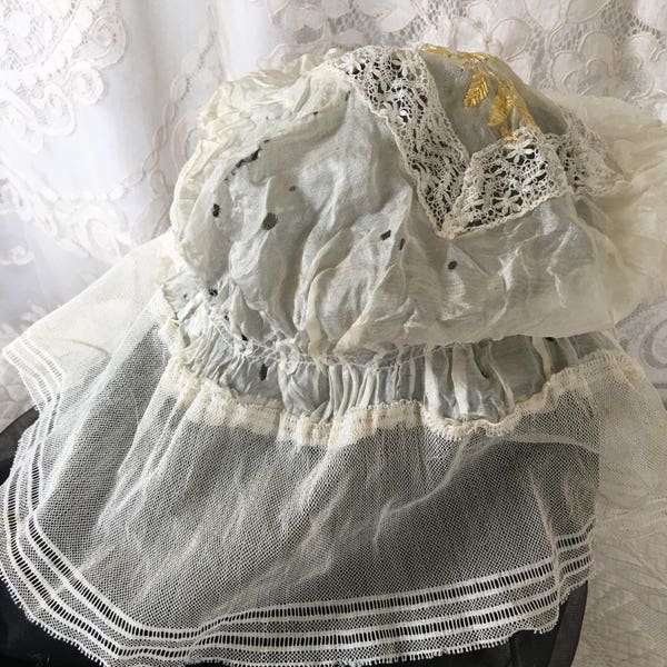 Antique Off White Womans SILK Net Night Cap. Ladies Elegant Silk, Lace and Embroidery Night Cap With Double Gathered Trimmed Net All Around.