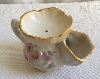 Vintage scheermok Old Foley, James Kent Ltd. Staffordshire, Engeland. Roze koolrozen aan de zijkanten, gouden accenten aan de bovenranden.
