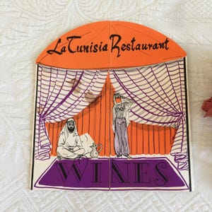 Vintage 1960s LaTunisia Restaurant Wine Menu and Restaurant Postcards. Dallas Texas Restaurant. Orange and Purple Wine Menu.