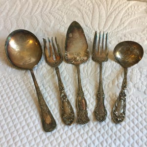Antique Serving Spoons, Dipper and Forks in Silver Plate. Fancy Designs from Rogers, Towle Mfg. and Oxford Silver Plate Co. 1898 to 1908.