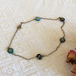 Vintage Venetian Murano Millefiori Glass Bead Necklace. Multi Color Star and Flower Designs. Slide Clasp. 14&quot; Choker Length.