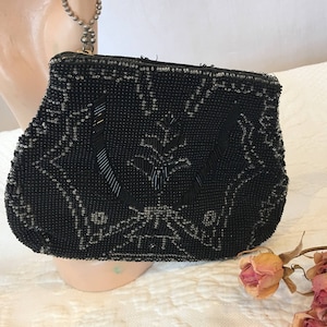 Vintage Black Clear Bead Clutch Purse. Black Rochelle Clear Seed Bead Designs Rest Black Beads. Zippered BEADED Clutch.
