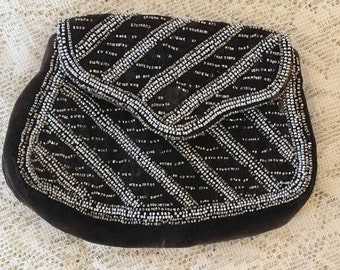 Vintage Beaded Purse. Black and Silver Seed Bead Clutch Purse. Diagonal Stripes of two color silver seed beads with Horizontal Bead Lines.