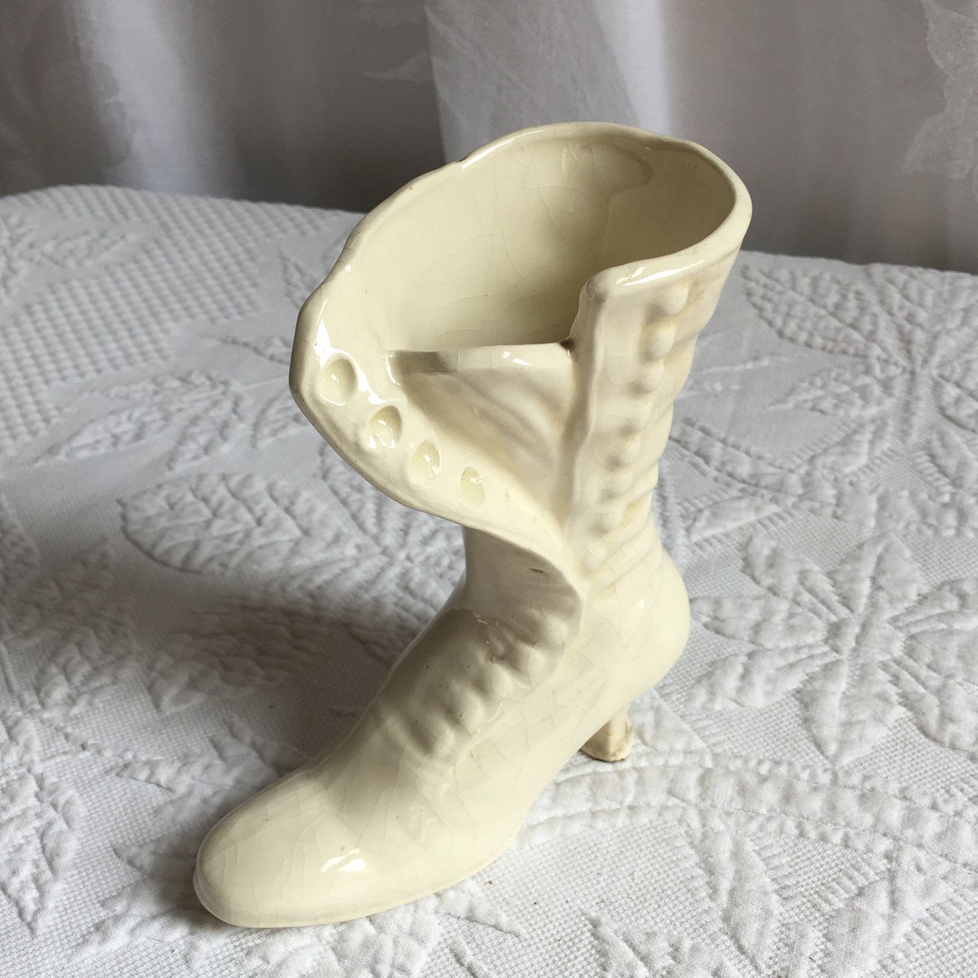 Vintage White Ceramic Victorian Boot Vase. Crazing on Finish Etsy