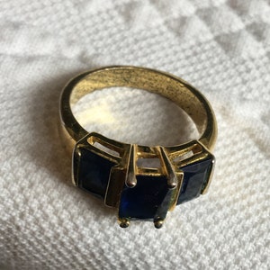 Vintage Gold 3 Blue Stone Ring or Double Band Clear Yellow Glass Stone Ring. No Markings. Fun to Wear.