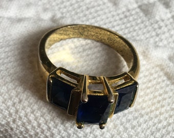 Vintage Gold 3 Blue Stone Ring or Double Band Clear Yellow Glass Stone Ring. No Markings. Fun to Wear.