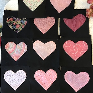 Handmade Hand Appliqued 11 Pink Hearts on Black Background. Make a Wall Hanging or a Pillow Cover With These Pink and Black Heart Blocks.