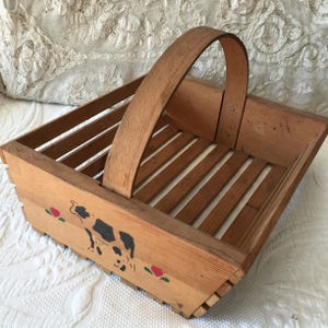 Vintage Wood Basket w/ Top Handle, Angled Sides and Solid Ends w/ Stenciled Cow and Heart Plants for Decoration. Magazines or Vegetables.