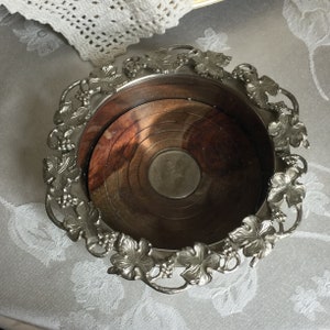Vintage Silver Plate Wine Coaster. Wood Bottom with Circular Lines. Grape Leaves and Clusters with Vines on Top Edge. Andrea by Sadek.