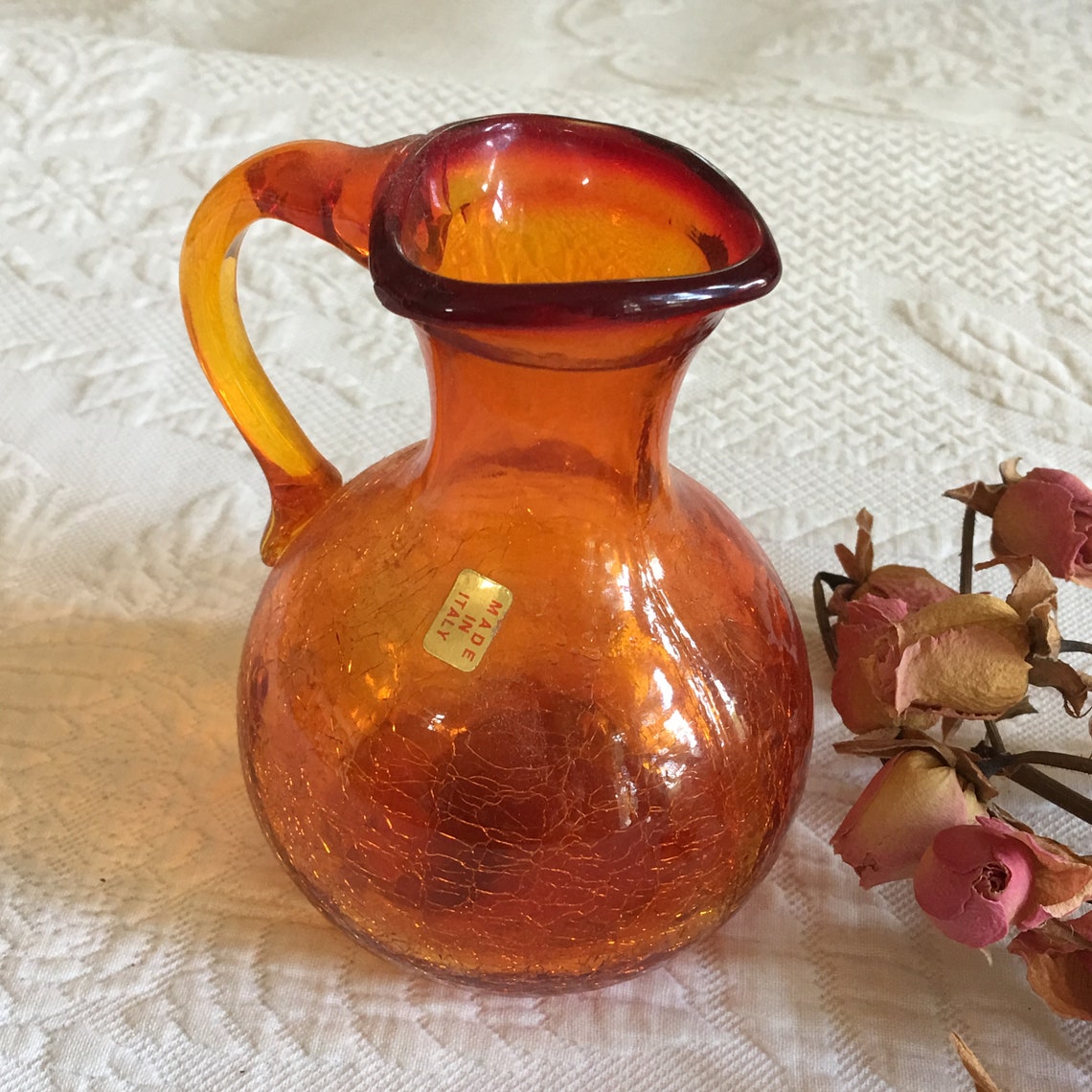 Vintage Art Hand Blown Crackled Glass Pitcher With Handle and Etsy UK