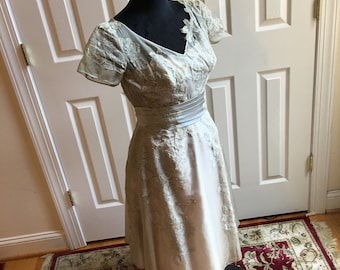 Vintage Philip Hulitar Cocktail Dress Chiffon Lace Appliues w/ Lt. Blue Satin Belt and Bows in Back. Exquisitely Stitched Designer Dress.